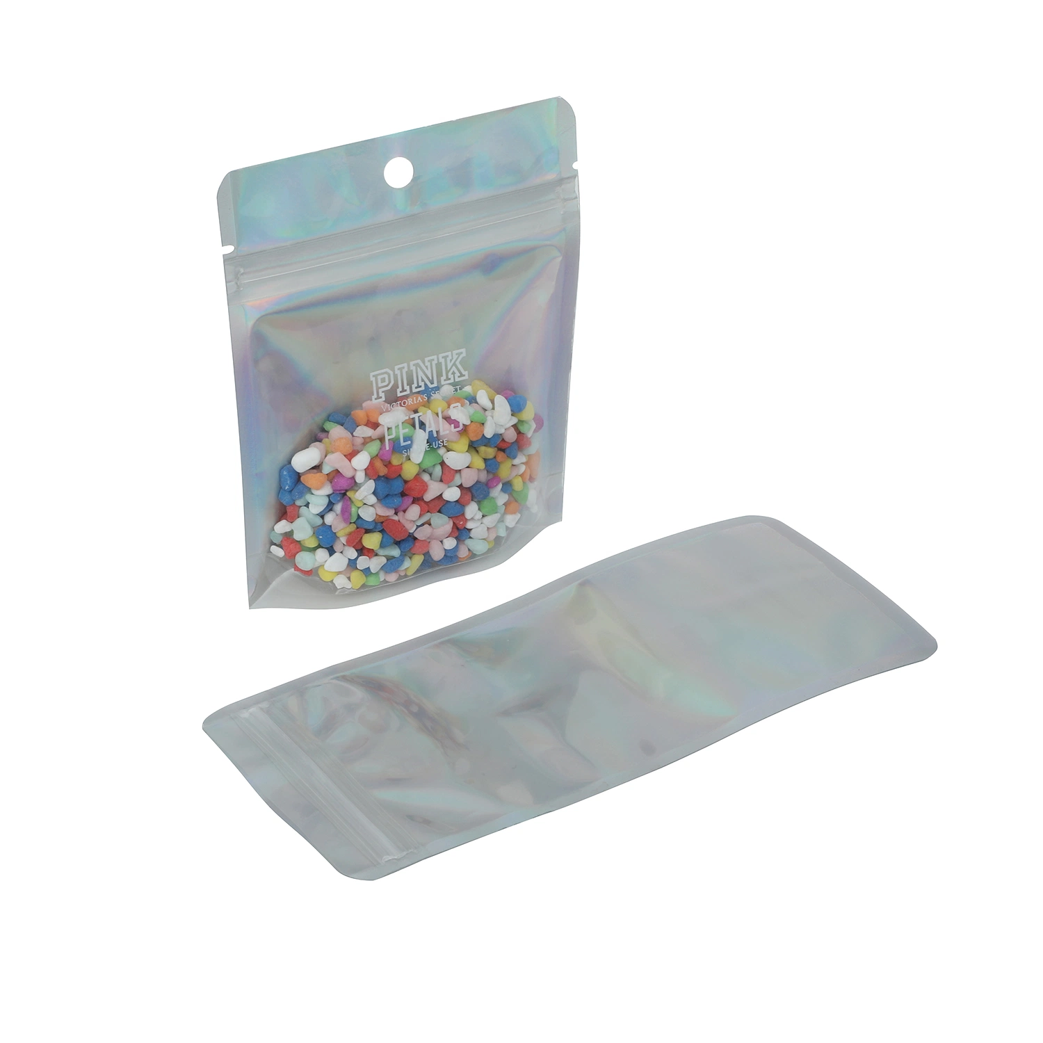 Sac d'emballage en plastique holographique pour bijoux, accessoires de téléphone portable et impression personnalisée.