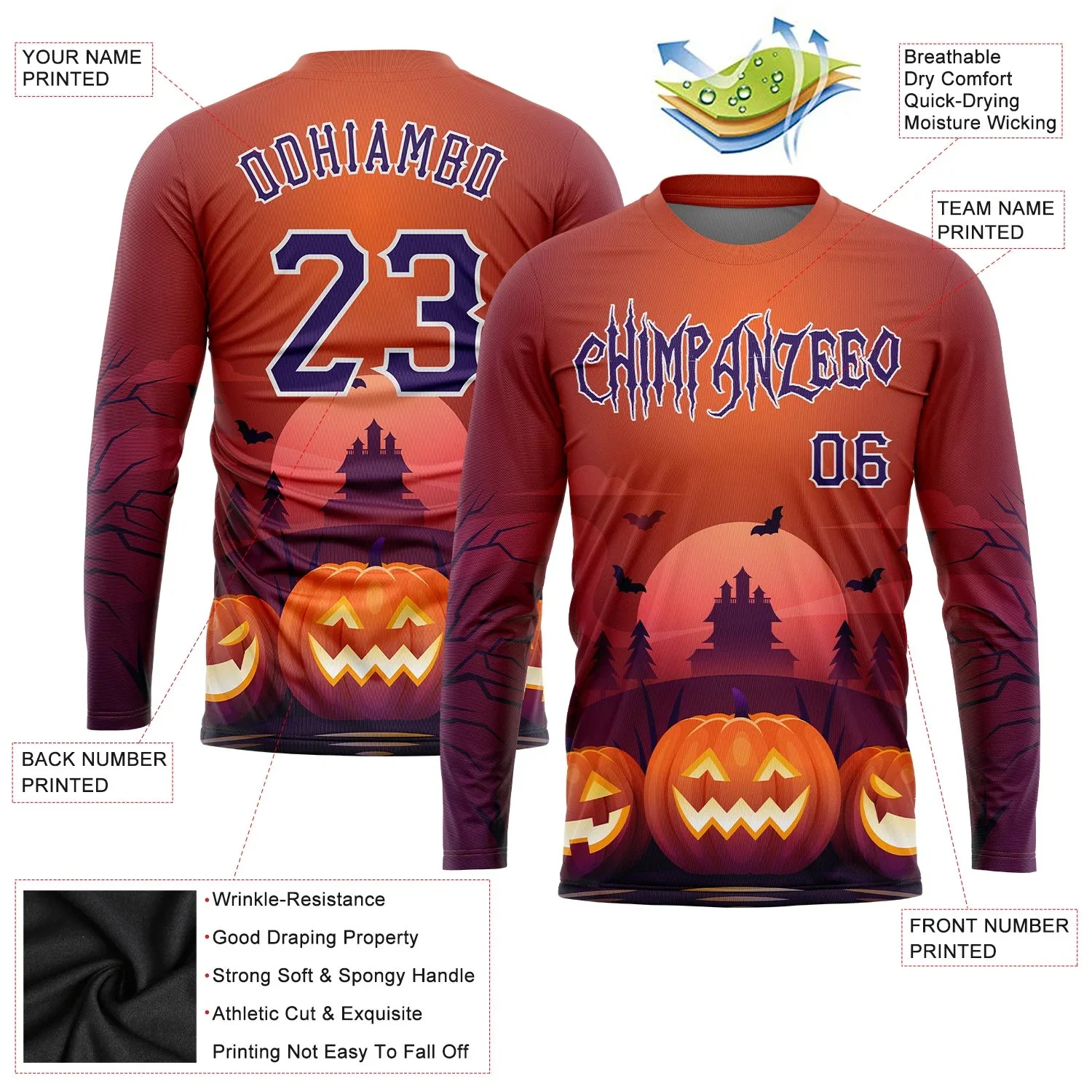 Custom Logo Embroidery Print Men's Polyester Long Sleeve Halloween Shirts