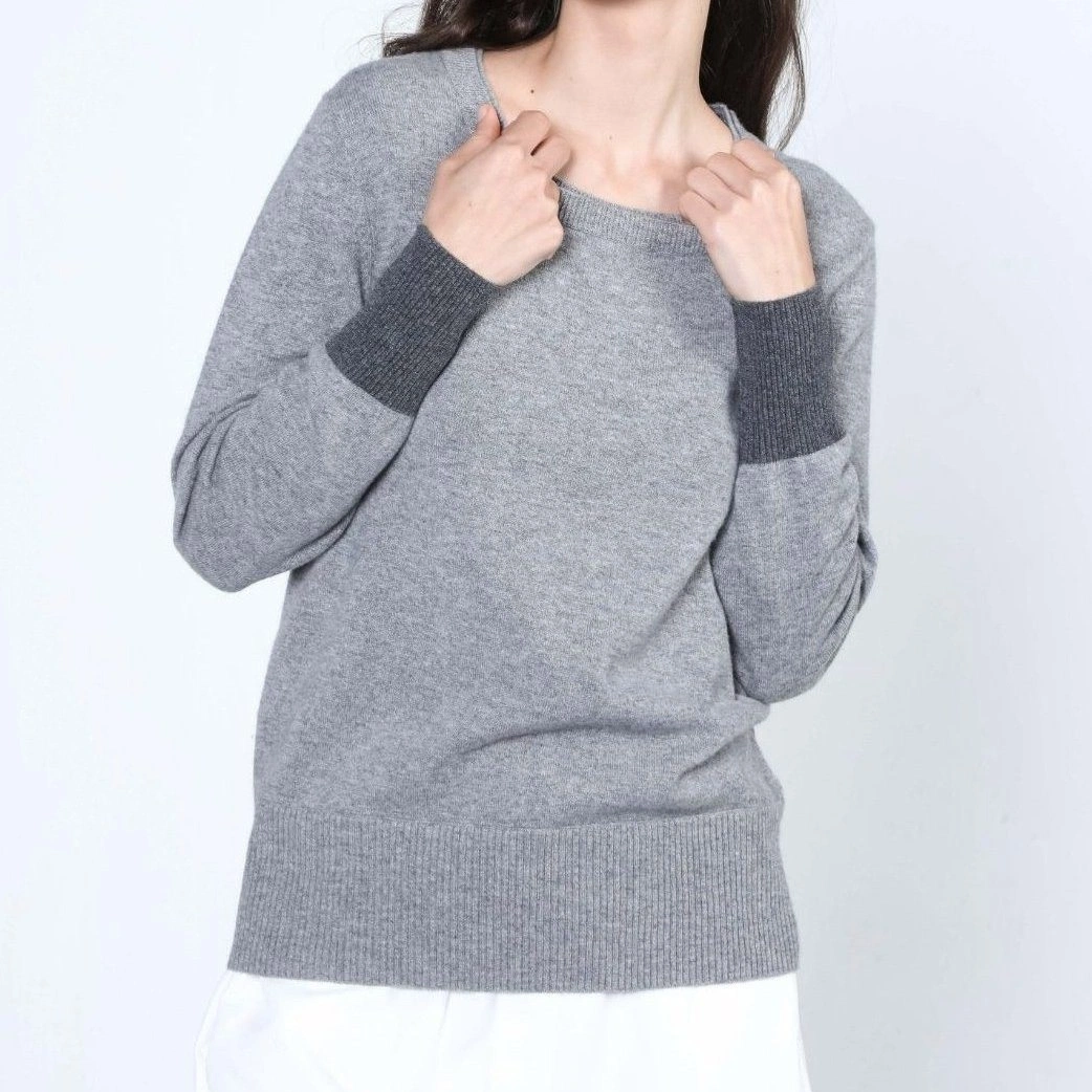 Ladies Fashion Two Tone Classic Round Neck Cashmere Pullover Sweater