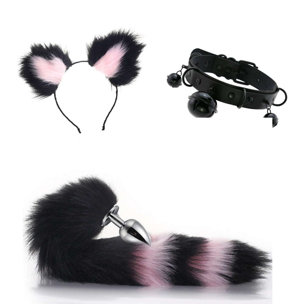 Black and Pink Sex Bdsm Bondage Toy Anal Plug Set with Tail Ears Headband and Collar
