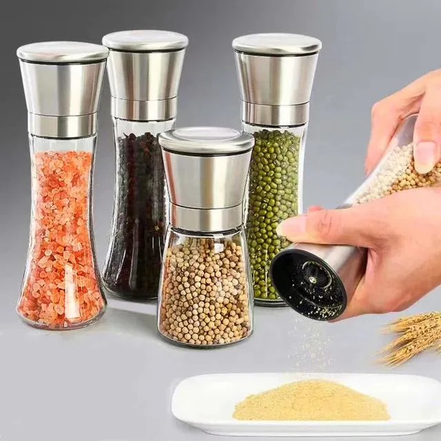 Venta al por mayor caliente ajustable Manual Pepper Mill botella de vidrio Cerámica Molienda de pimientos y sal de Chile de acero inoxidable Core