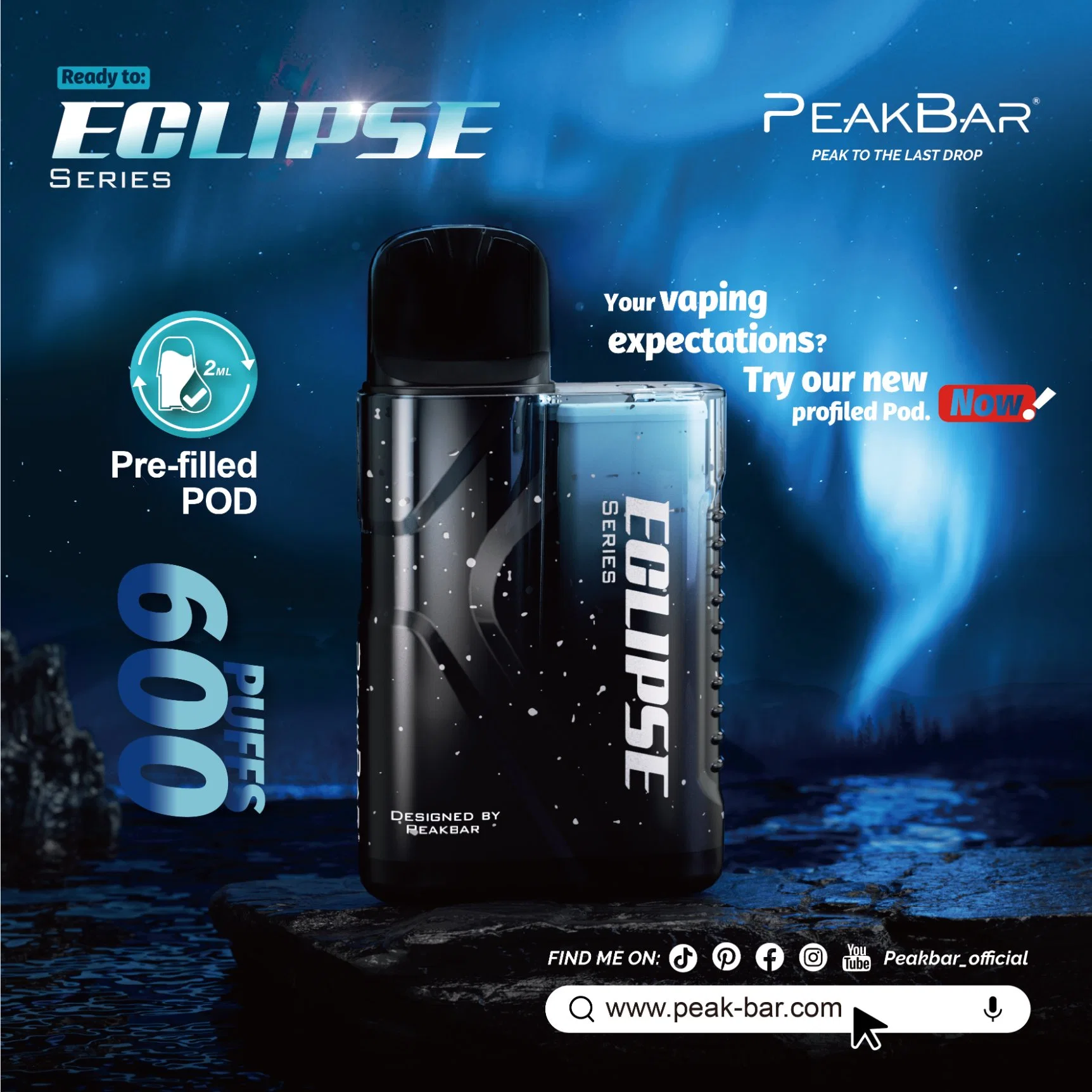 Peakbar Eclipse Pre-Filled Disposable/Chargeable Pod System with LED Battery Indicator Child Lock Disposable/Chargeable Vape Vape Display Screen