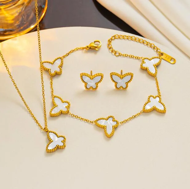 18K Gold Plated Jewelry Butterfly Bracelet Necklace Earring Set 316L Stainless Steel Double Sided Enamel Butterfly Set