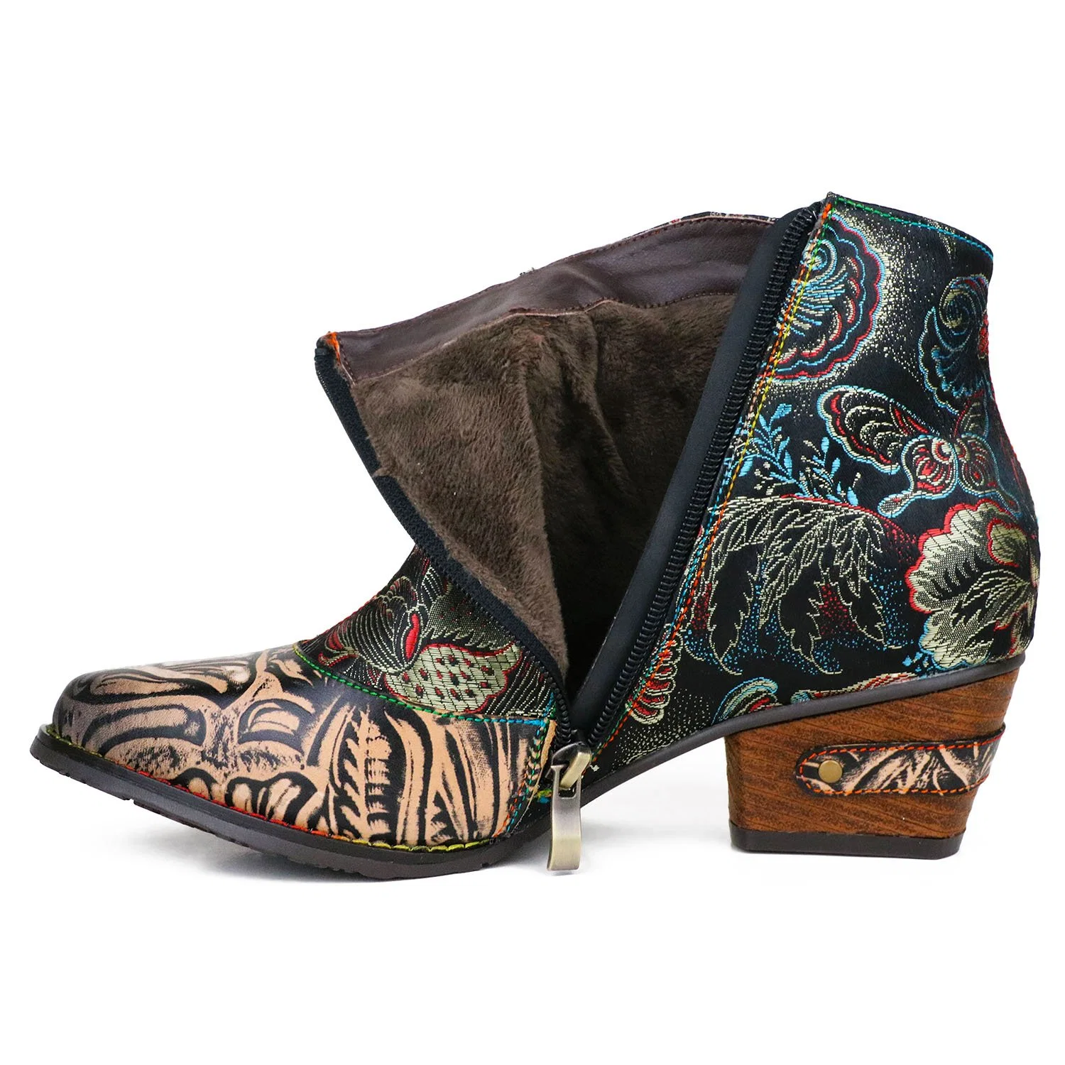 Women's Embossed Leather Shoes Maximalist 70s Vintage Embroidered Floral Pattern Bohemian Low Heel Comfy Ankle Boots