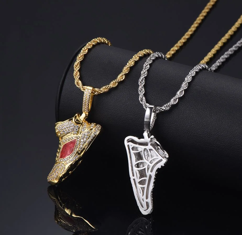 14K Yellow Gold Plating Brass Jewellery Men's Diamond Sneaker Sport Shoe Pendant Hiphop Wholesale/Supplier Jewelry