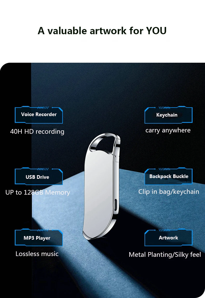 Llavero grabadora digital de voz grabación activada por voz de plata de la unidad flash USB Audio Sonido dictáfono Reproductor de MP3