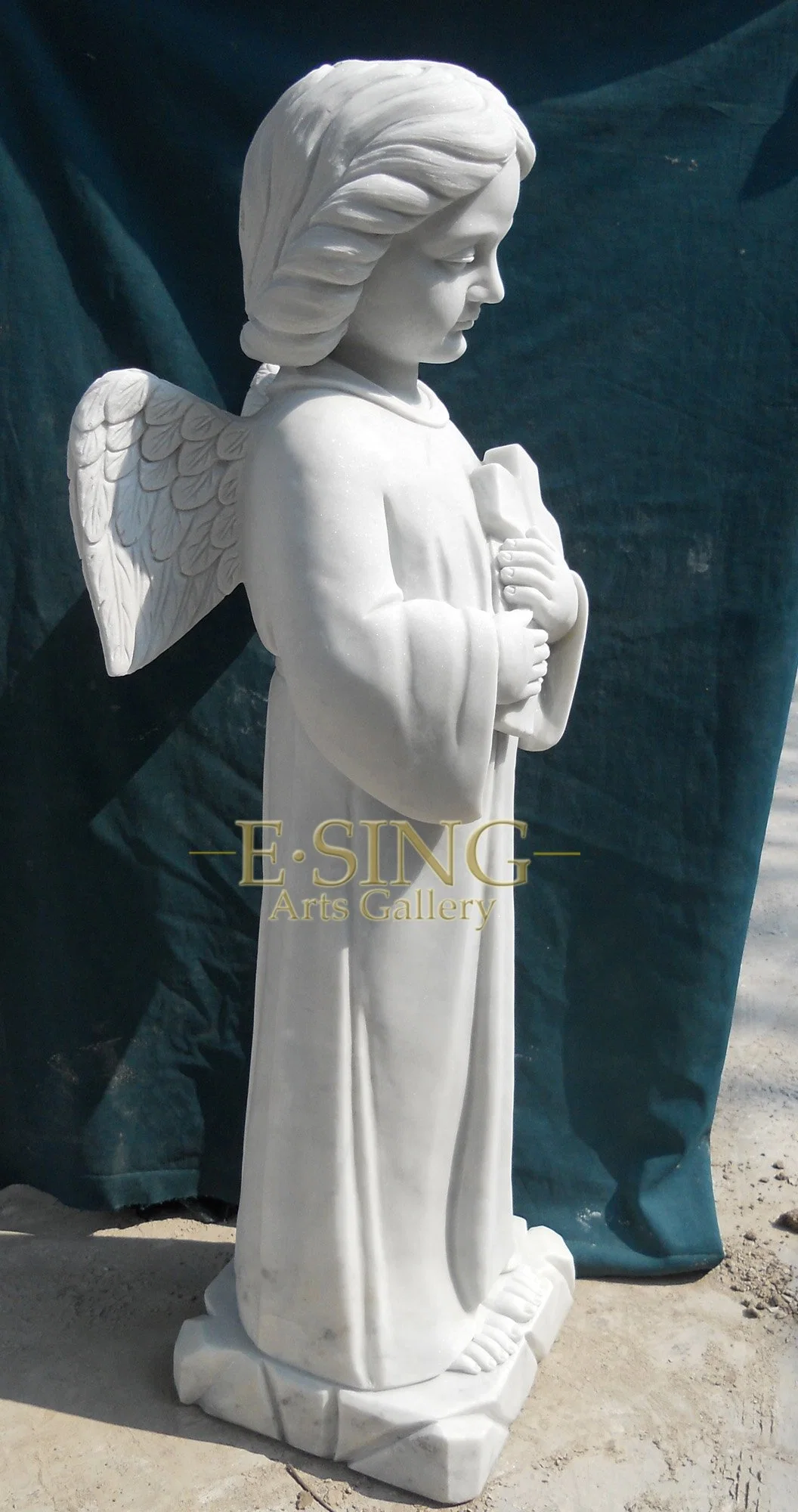 Life Size Natural White Marble Cemetery Angel with Wings Sculpture for Graveyard Decoration