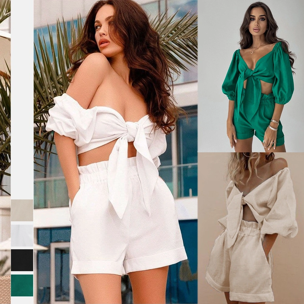 Solid Color Pants Fashion Women Clothes Tops Beach Street Lantern Sleeve Cardigan Wide Leg Pocket Shorts Casual Blouses
