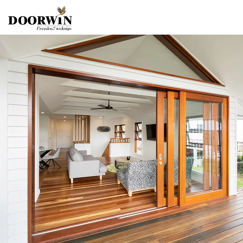 Doorwin moderno Sliding Patio Puertas exterior Roble de madera 3 Panel Vidrio deslizante con persianas integradas Entrada de vidrio sólido Puerta de madera