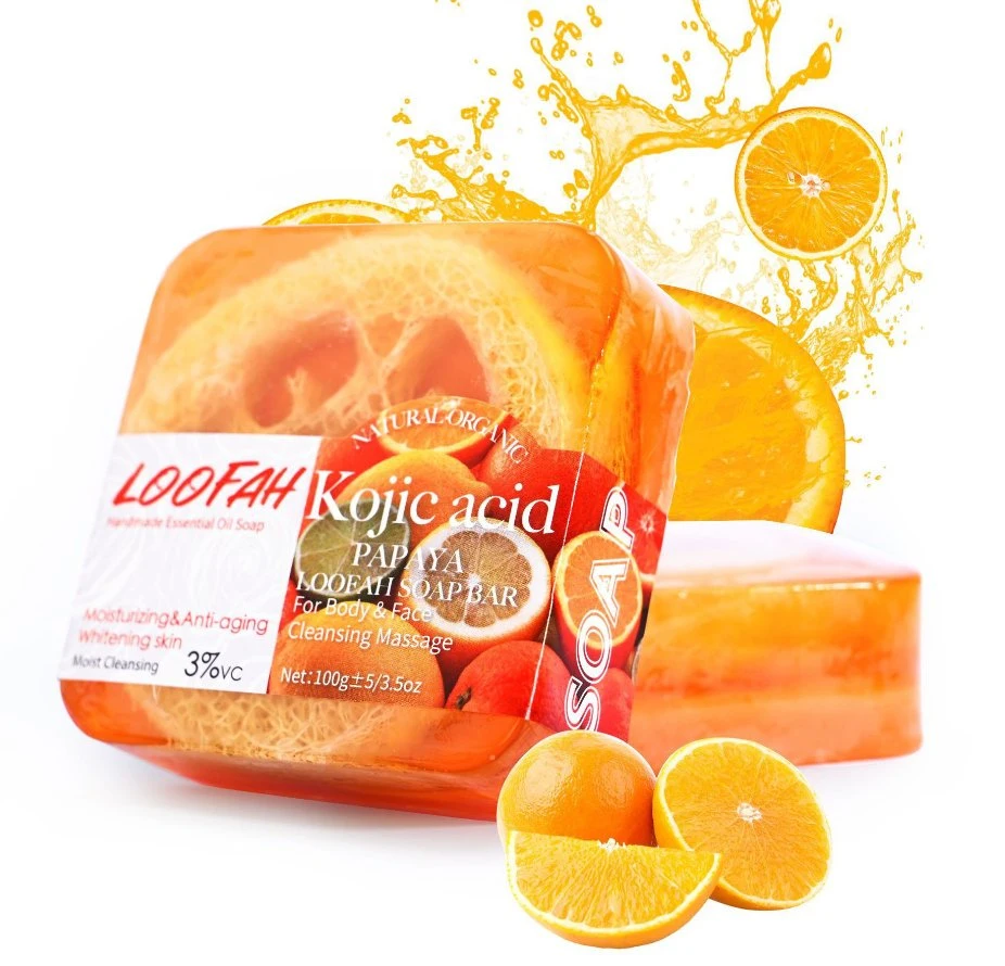 in Stock Handmade Essential Oil Exfoliating Whitening Turmeric Loofah Bar Soap for Face and Body