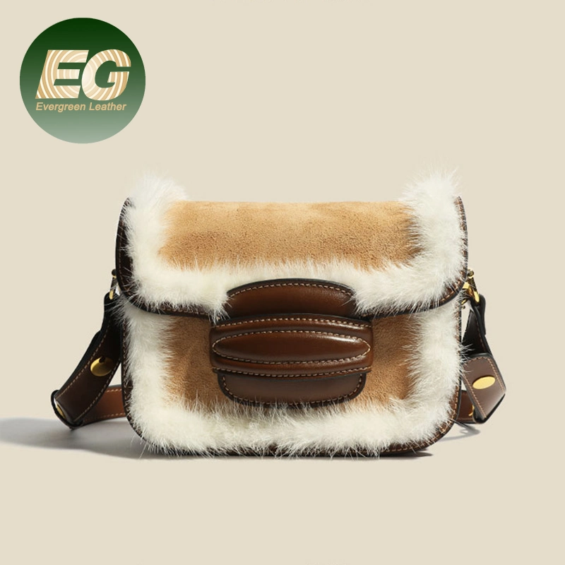 Emg6954 Furry Designer Leather Ladies Custom Shoulder Saddle Crossbody Bags Women Mink Fuzzy Faux Fur Bag