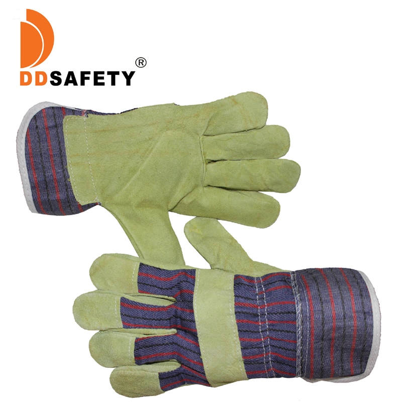 Yellow Cow Split Leather Glove. Full Palm. Stripe Cotton Back. Half Lining. Pasted Cuff Gloves Ab/Bc Grade Warehouses Construction Agriculture Luvas, Guantes