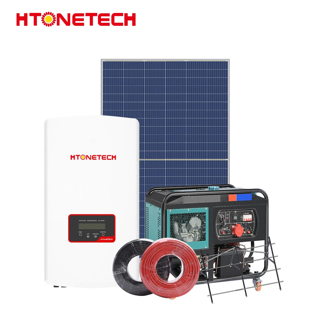 Htonetech Panel Solar monocristalino de fábrica de 700 W fuera de la red inversor de la turbina eólica China 20kw de potencia Solar Híbrido sistema con el generador diesel de 25 kVA.