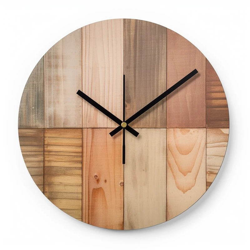 Wholesale Chip Price 12 Inches Wood Grain Round Shape Silent Movement Quartz Home Decor MDF Wall Clock