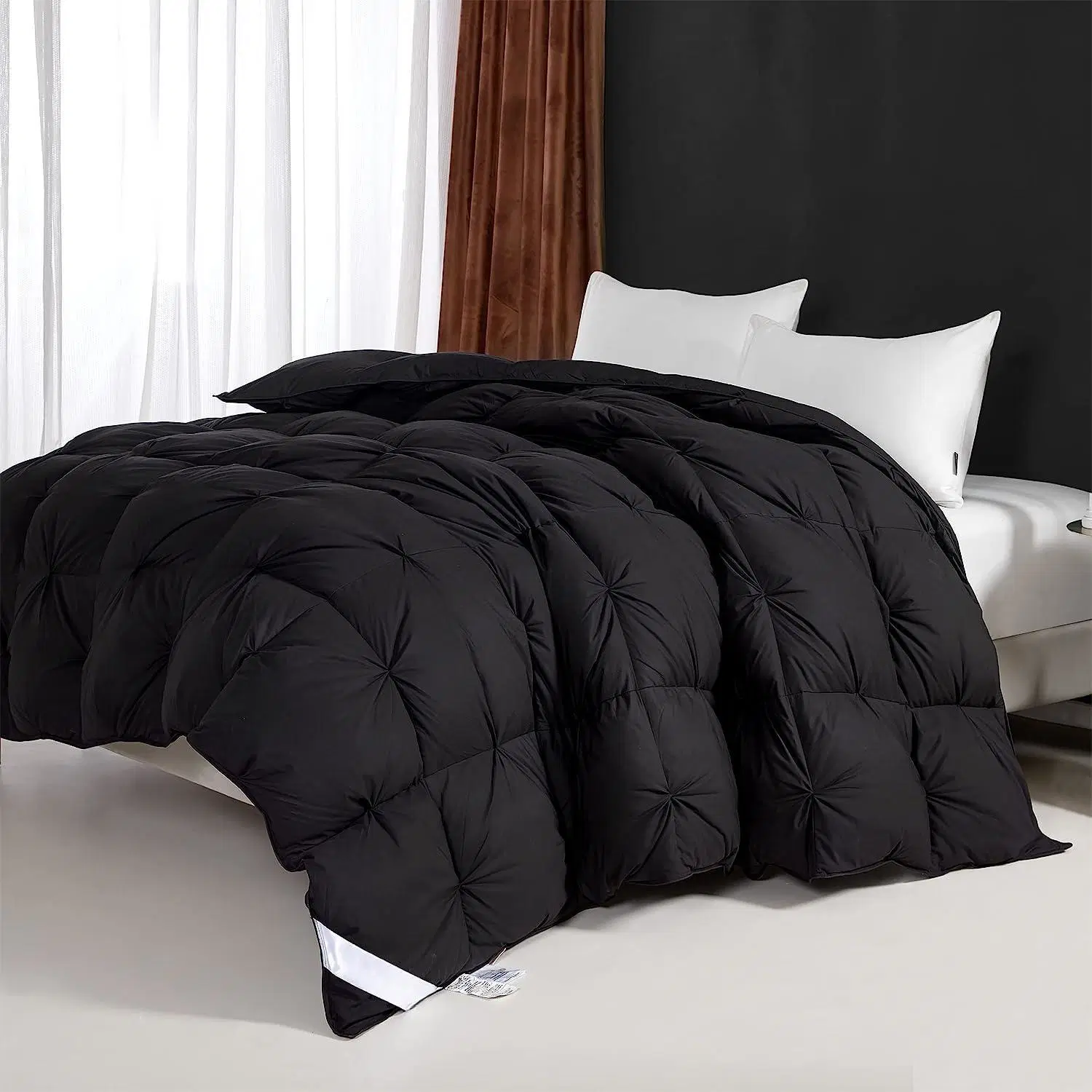 Édredon toutes saisons 75 % duvet, grand lit, couette moelleuse avec 8 coins, tissu mélangé en coton résistant (noir, 98 po x 98 po)