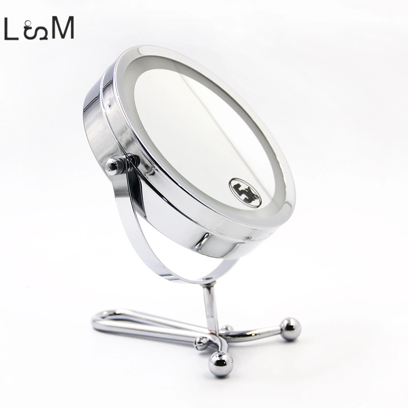 Metal Silver Round Makeup Mirror Double Side 5X Magnifying LED Lights Folding Hand Mirror