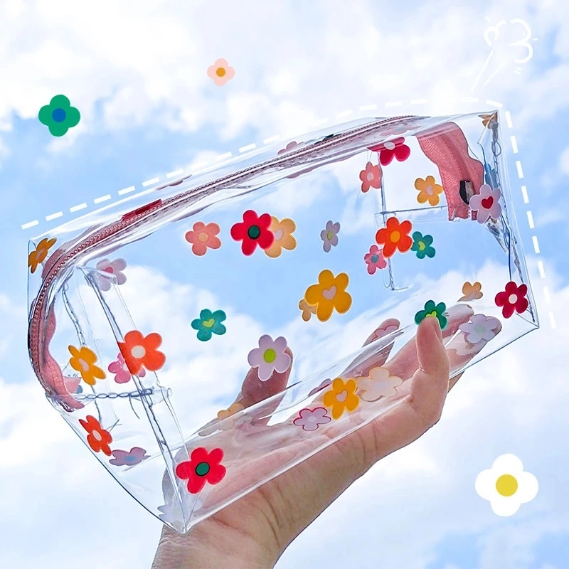 Custom Logo Waterproof Transparent Pencil Case PVC Stationery Gift Girls Students Pencil Bag Kawaii Makeup Cosmetic Bag Travel Bags
