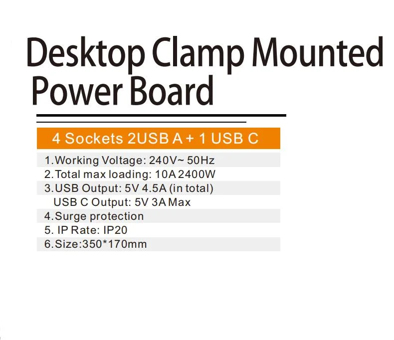 Australian Standard 4 Outlets Desktop Clamp Mounted Power Board 2USDA and Usdc