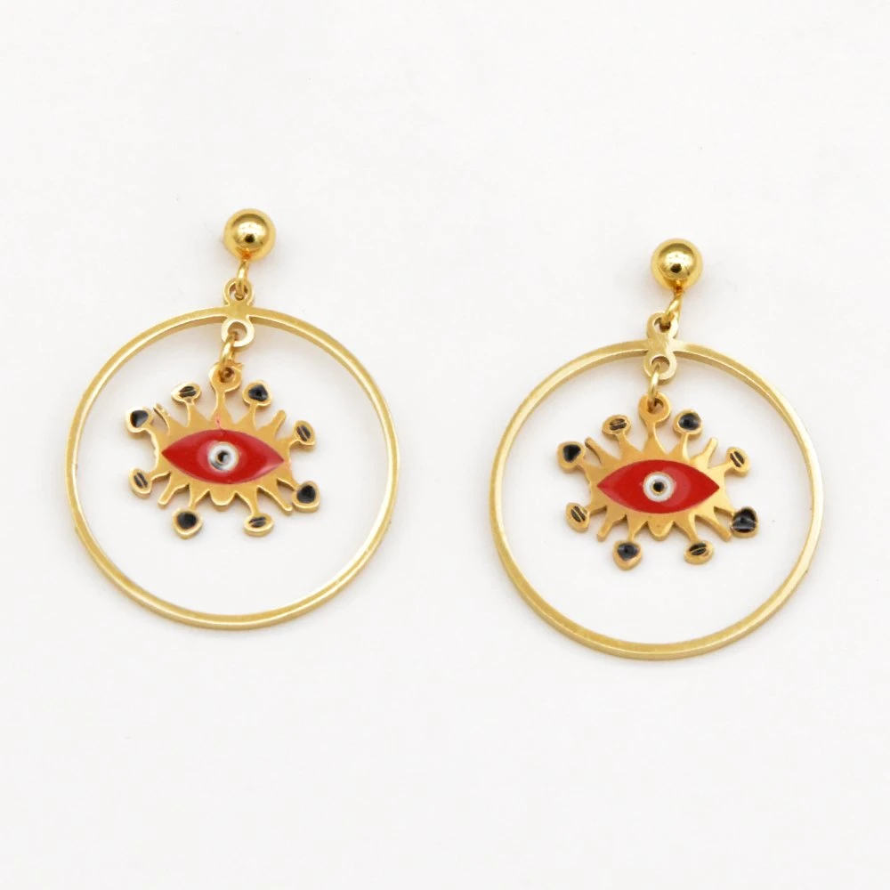 Gold Plated Turkish Evil Eye Eardrop and Circle Design Earrings for Women