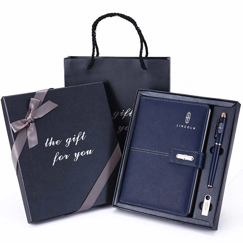 Custom Style A5 Paper PU Leather Ofiice Stationery Notebook Promotion Gift Set with Pen and USB