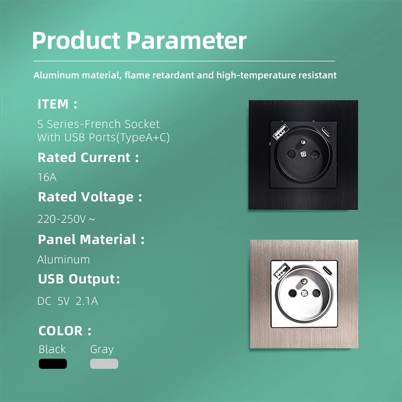 Aluminum Panel Dual USB Type a+C Europe 2p+T French Sockets