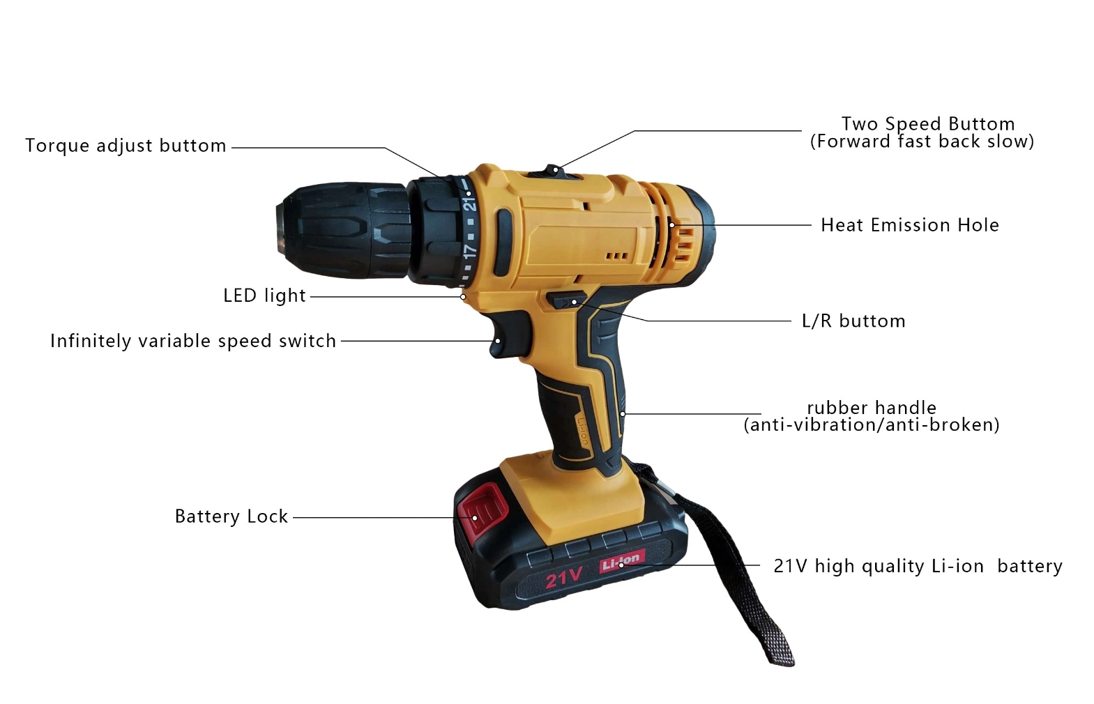 Youwe Cordless Battery Tool Power Tool Hand Drill 2 Speed 18+3 Torque Cordless Impact Drill