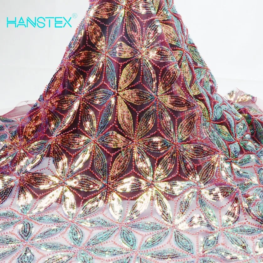 Hanstex Couture Designer Lace Fabric Embroidery Colorful Sequins Lace Beaded Pearl Bridal Lace for Evening Dress Cloth