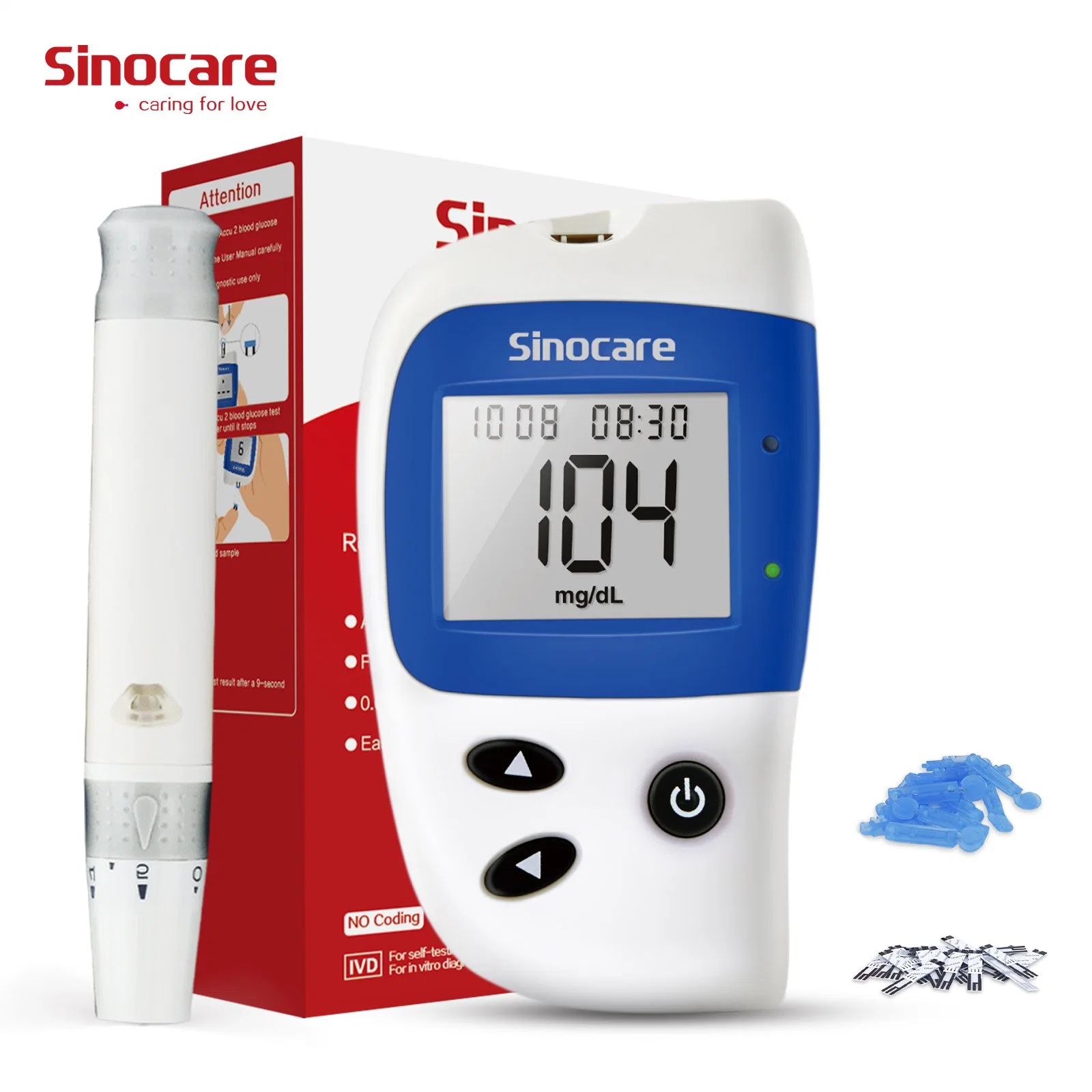 Sinocare Glucometer numérique sans sucre numérique à puce de sang de votre glucomètre sans kit de bandelettes de test pour la maison hospita