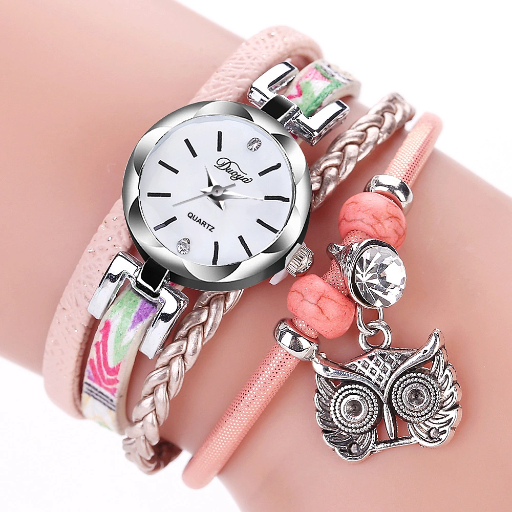 Sport Girls Reloj de muñeca Analog Quartz trenzado cuero muñequera Reloj Owl colgante pulsera relojes Esg13634