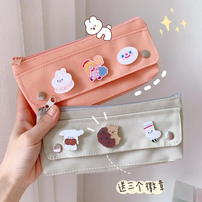 Pencil Bag Girl Simple Large Capacity Elementary School Cute Canvas Pencil Bag Junior High School Multifunctional Stationery Bag