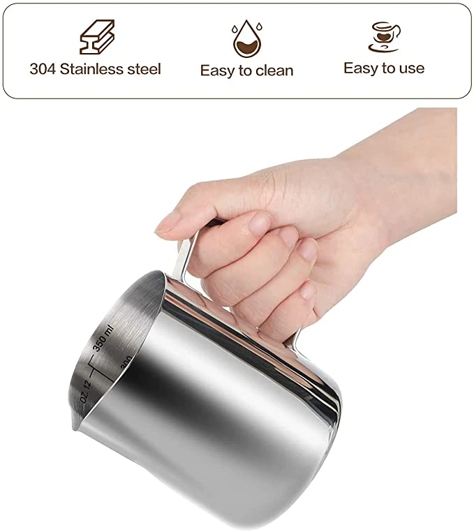 Picadora de espuma de leche de acero inoxidable, herramienta Barista, jarra para espuma para máquina de café espresso Cappuccino Latte Art, 12 oz