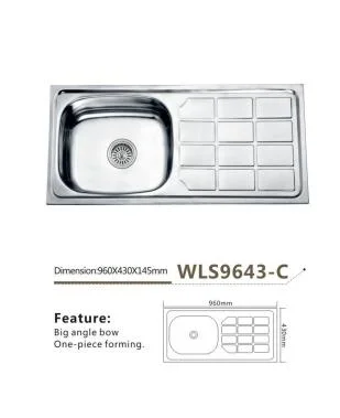 Stainless Steel Sink Kitchen Single Bowl with Sink Single Board -Wls9643-a