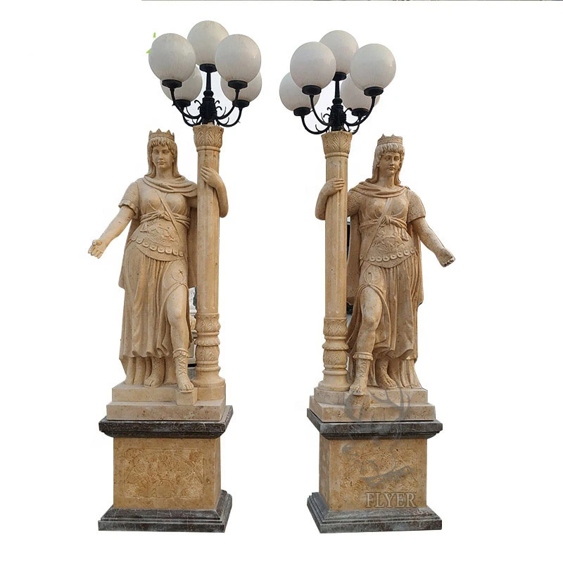 Outdoor Garden Decoration Natural Marble Stone Carving Sculpture Stone Column with Lamp