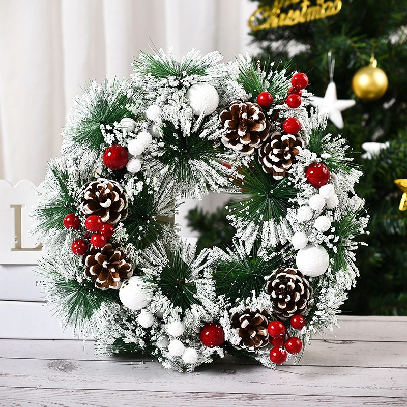 Christmas Wreath for Front Door with Realistic Snowflakes Red Berries Pinecones Christmas Decoration for Outdoor Indoor Home Party