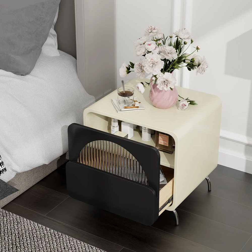 Modern Black and White Nightstand with Semi-Transparent Rainbow Glass Door Nightstand