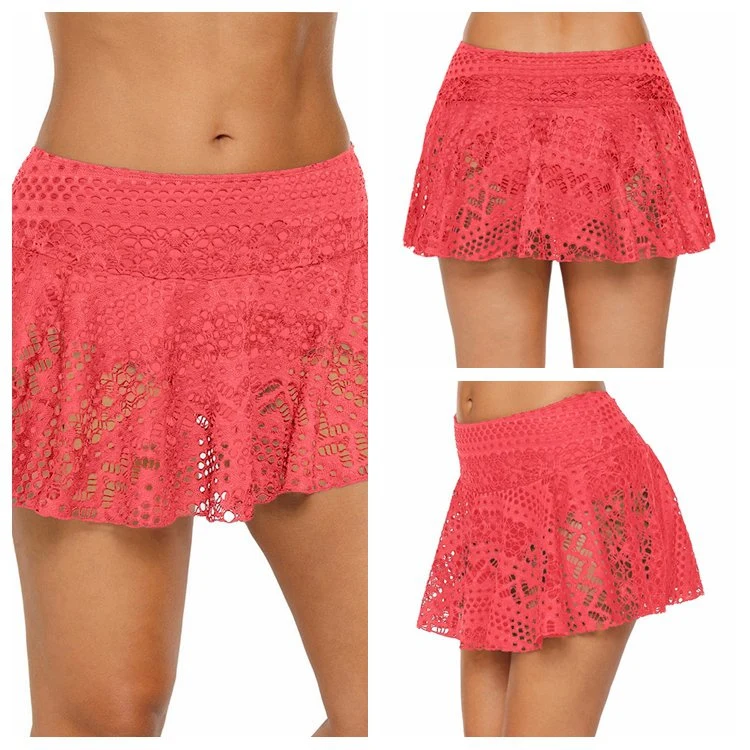 Hot Selling Cute Crochet Pink Lace Swim Shorts Skirted Bikini Brief for Beach Holiday Tag Free Sexy Lace Short Skirt with Brief Panties Swimming Bottom