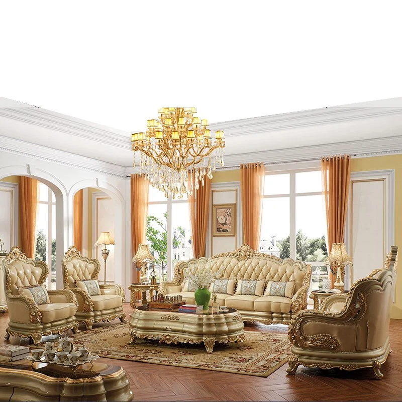 Classic Luxury Wood Leather Sofa Set in Optional Couch Seats and Furniture Color