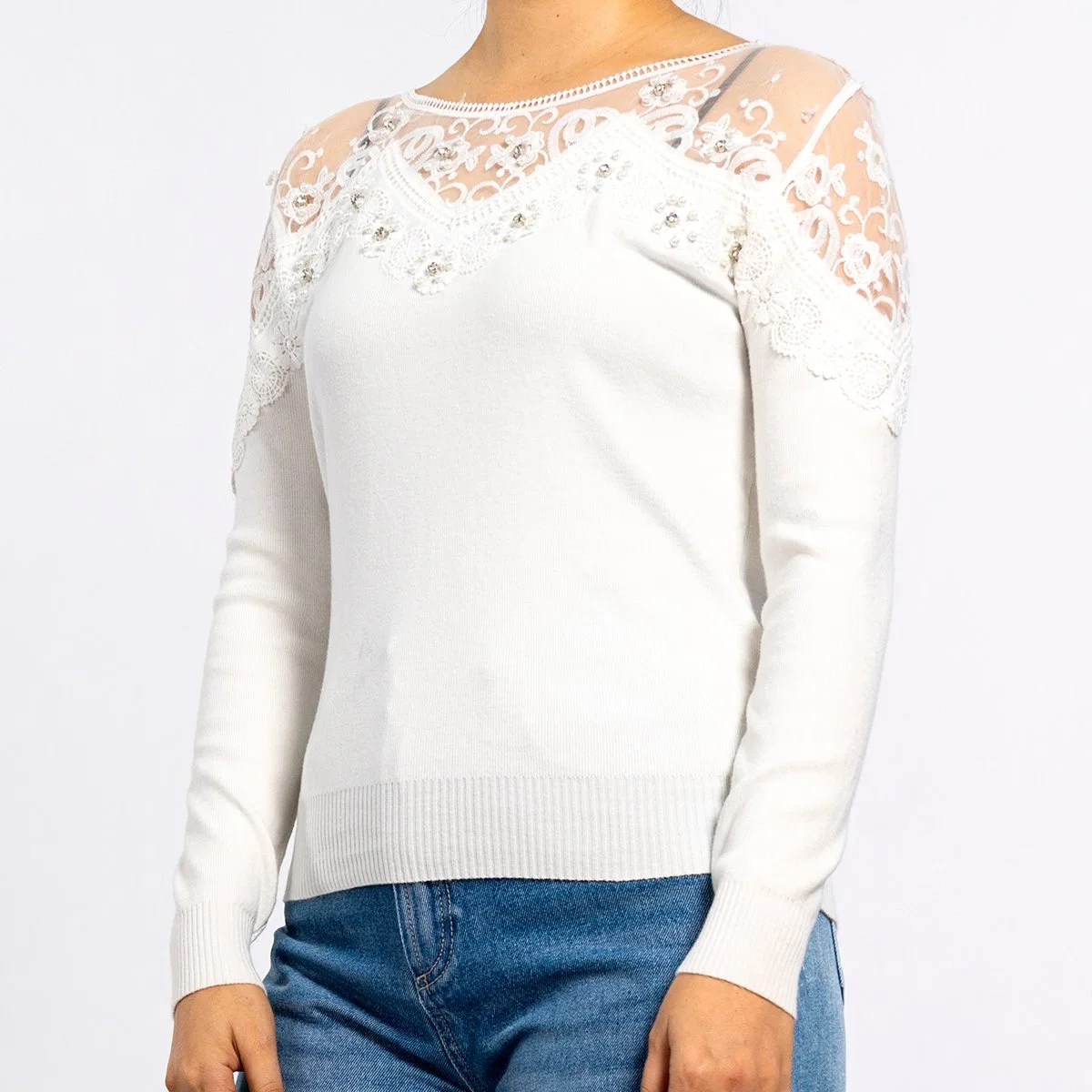 Women Round Neck Mesh Stitching Lace Hand Sewn Diamond Long Sleeve White Sweater Pullover