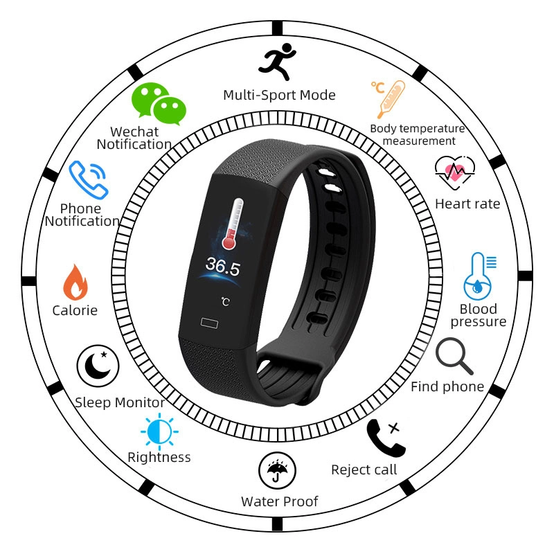 Bt Fitness Nuevo Brazalete Inteligente con Temperatura Corporal, Ritmo Cardíaco, Presión Arterial y Reloj Deportivo Inteligente B6w.