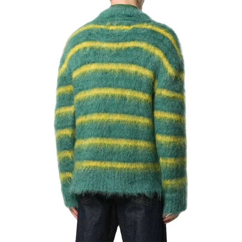 Custom OEM & ODM Men Sweater Mohair Fuzzy Jacquard Knit Pullover Knitwear Long Sleeve Knitted Sweater Mens