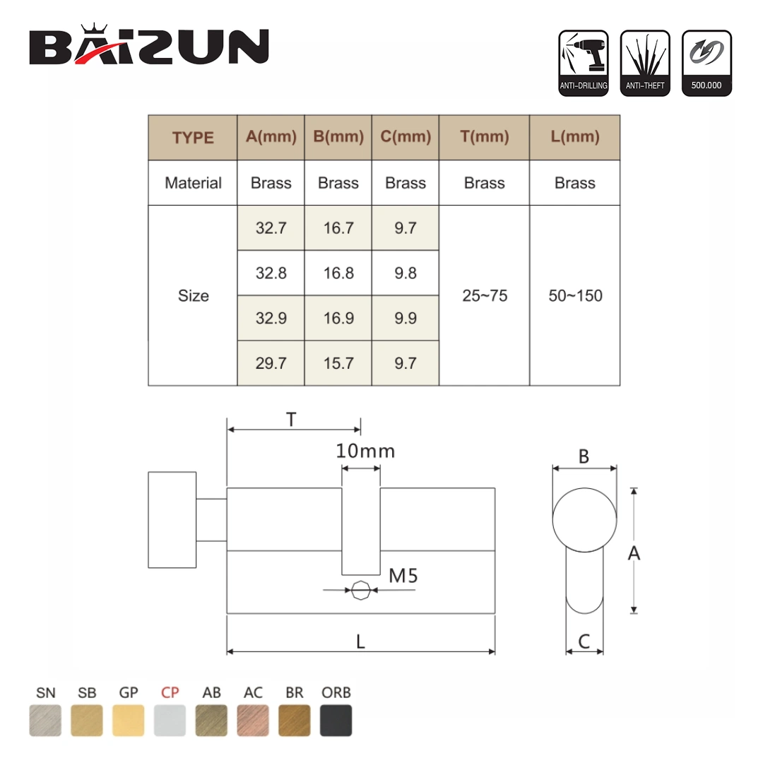 Las claves de la perilla de latón Universal Balseta cilindro de cerradura para puerta de madera