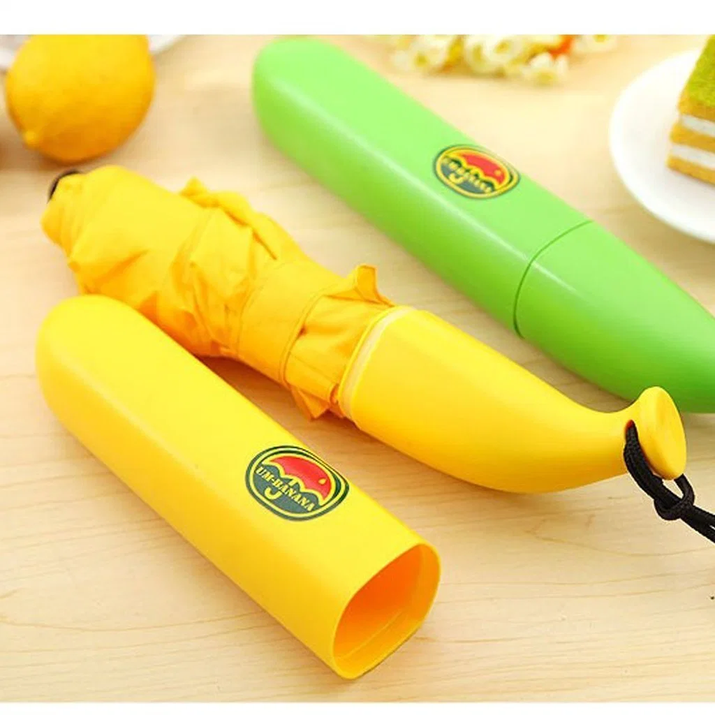 Yellow UV Protection Cheap Promotion New Design Promotion Print Banana Shaped 3 Folding Umbrella for Outdoor