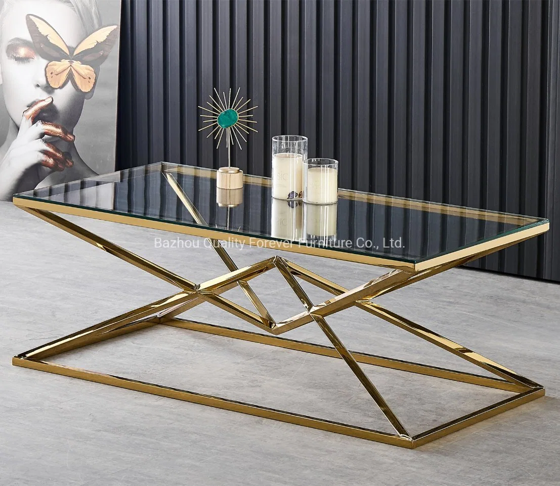 Hot Sale Modern Tea Table Design Gold Stainless Steel with Tempered Glass Rectangle Marble Center Coffee Table for Living Room Furniture