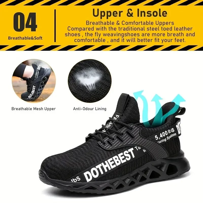 Men's Work Safety Shoes, Puncture Proof Anti-Skid Steel Toe Outdoor Work Shoes, Rubber Sole Breathable Industrial Construction Shoes