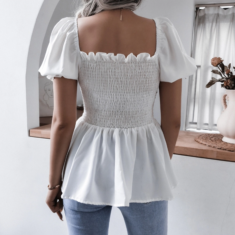 Fashion Lantern Sleeve Hem Ruffled Chiffon Shirt Top