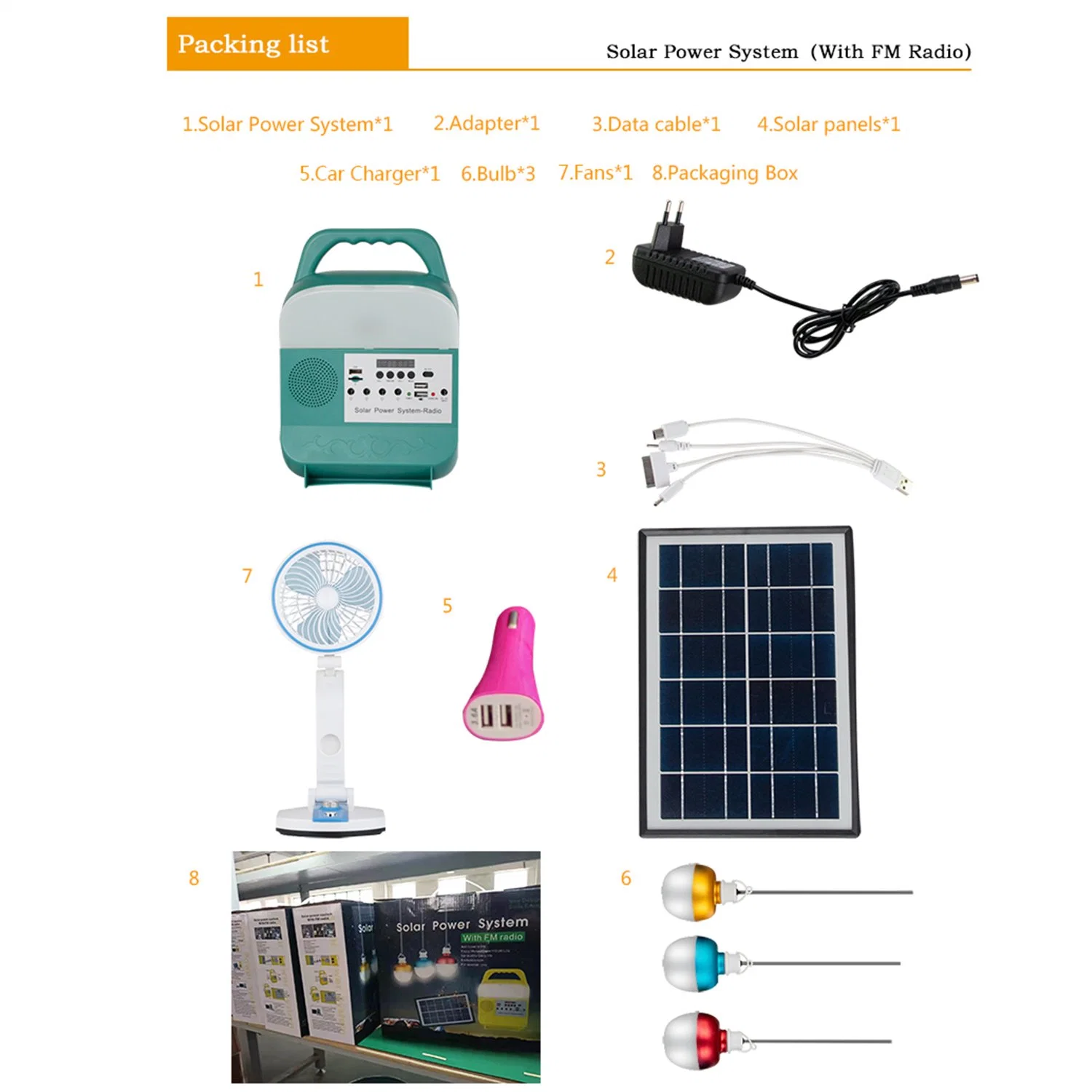 Solar do Sistema de Iluminação do painel gerador de armazenamento de energia USB Carregador lâmpada LED Lamp Home com rádio FM e leitor de MP3