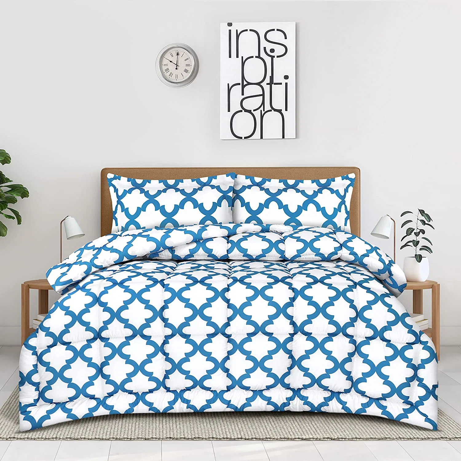 Bedding Queen Comforter Set (Quatrefoil White Blue) with 2 Pillow Shams - Bedding Comforter Sets - Down Alternative Comforter - Soft and Comfortable