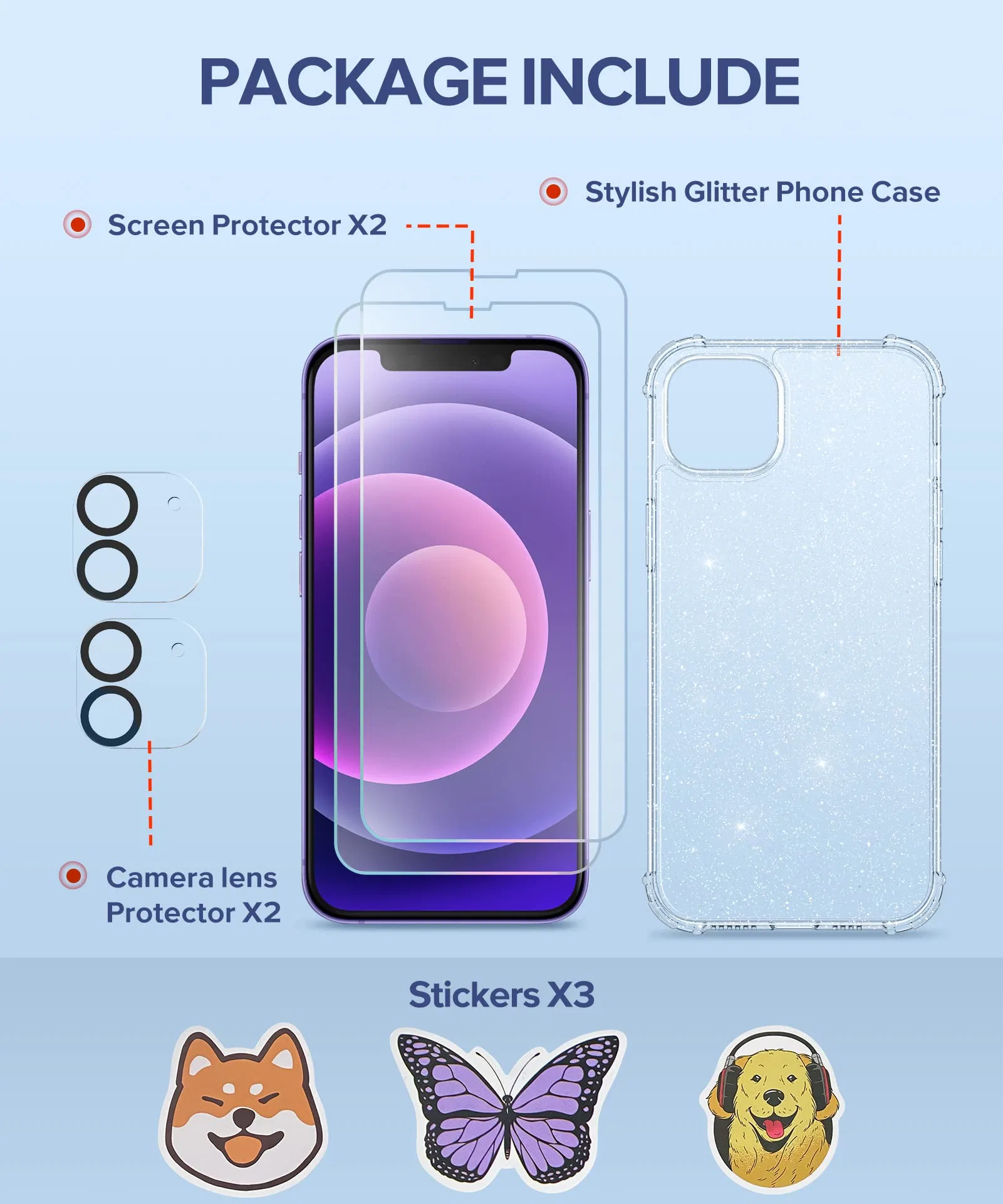 Para el iPhone 12 Caso Glitter, con Protector de Pantalla+Protector de la cámara, teléfono de parachoques a prueba de golpes de cristal brillante caso de las mujeres chicas delgada cubierta 6.1", Glitter claro