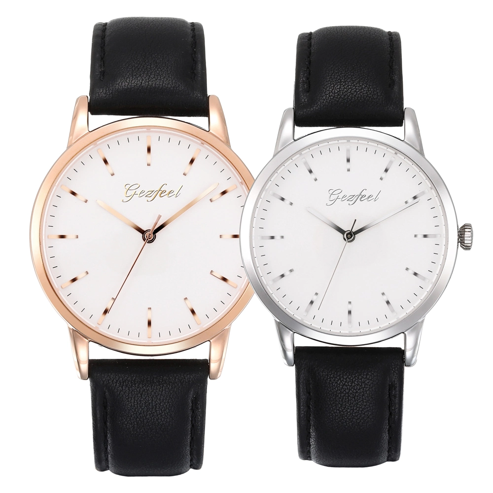 Montre de couple OEM à quartz ultra fine avec boîtier en acier inoxydable résistant à l'eau et bracelet en cuir