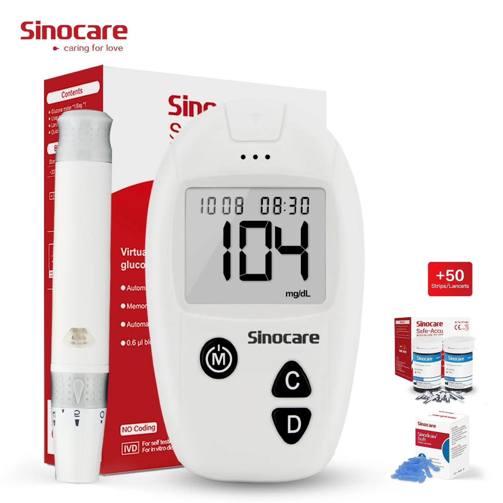 Sinocare Blood Glucose Meter Fully Automatic Blood Glucometer Diabetes Blood Glucose Meter Medical Blood Sugar Meter Diabetes